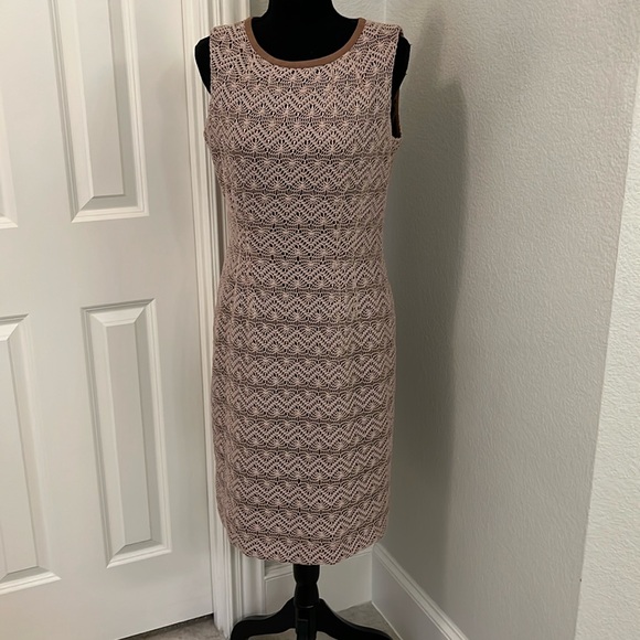 Anne Klein Crochet Lined Sheath Dress Sleeveless Taupe Career Office Sz 10 EUC - Picture 1 of 13
